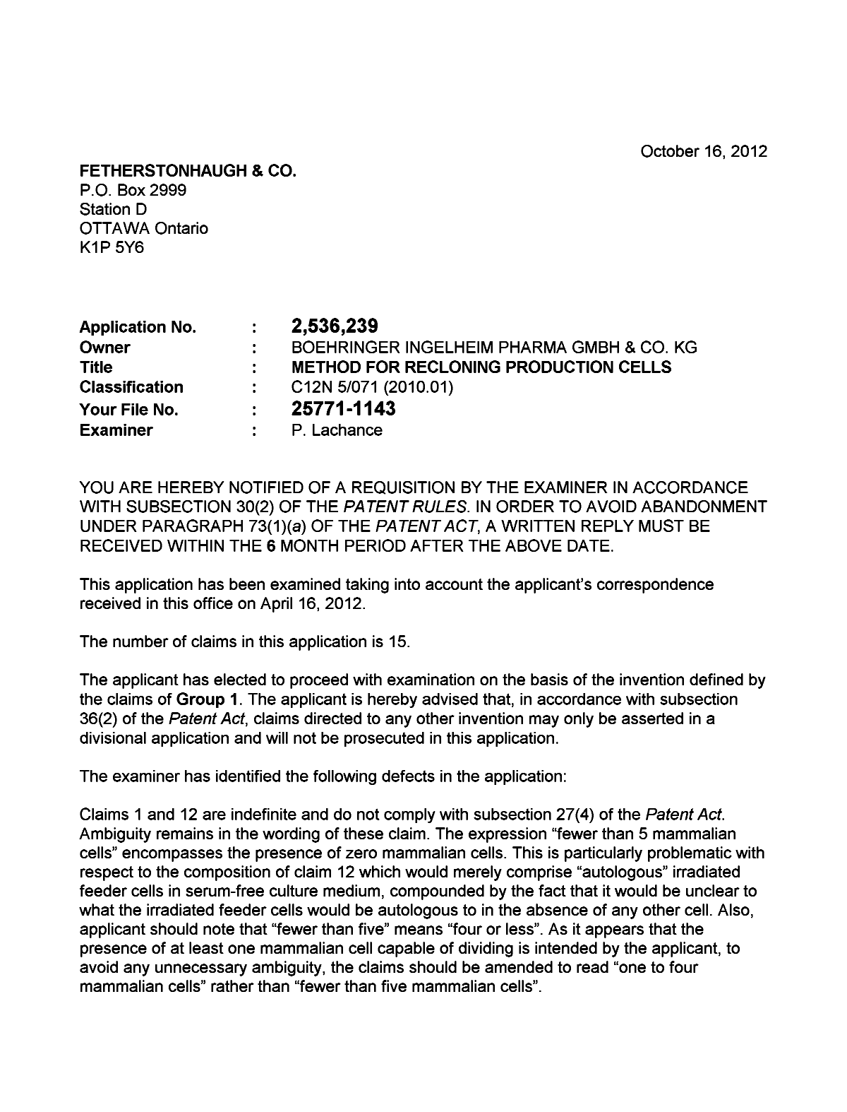 Document de brevet canadien 2536239. Poursuite-Amendment 20121016. Image 1 de 2