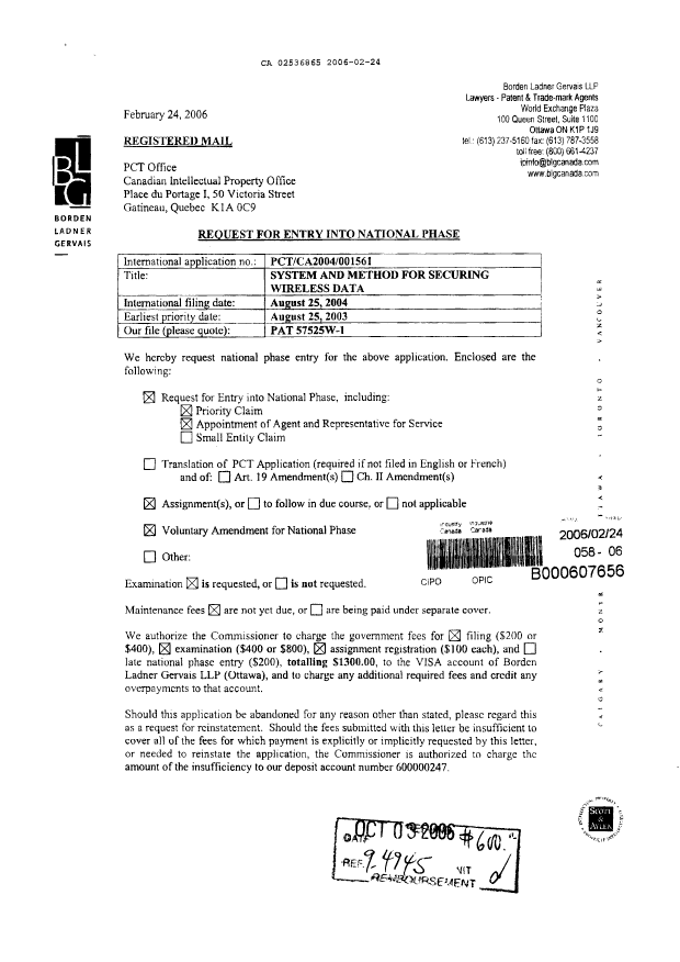 Document de brevet canadien 2536865. Cession 20060224. Image 1 de 8