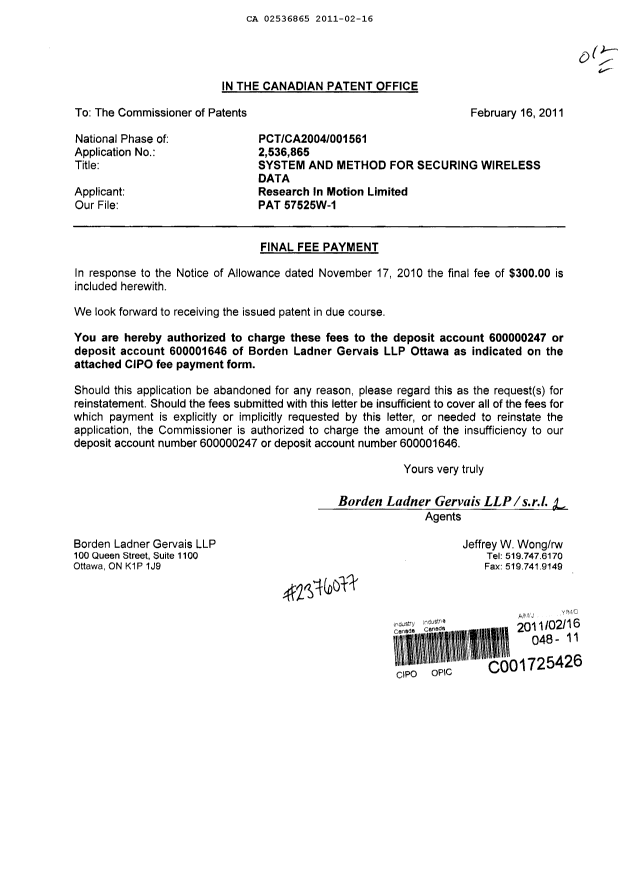 Document de brevet canadien 2536865. Correspondance 20110216. Image 1 de 1