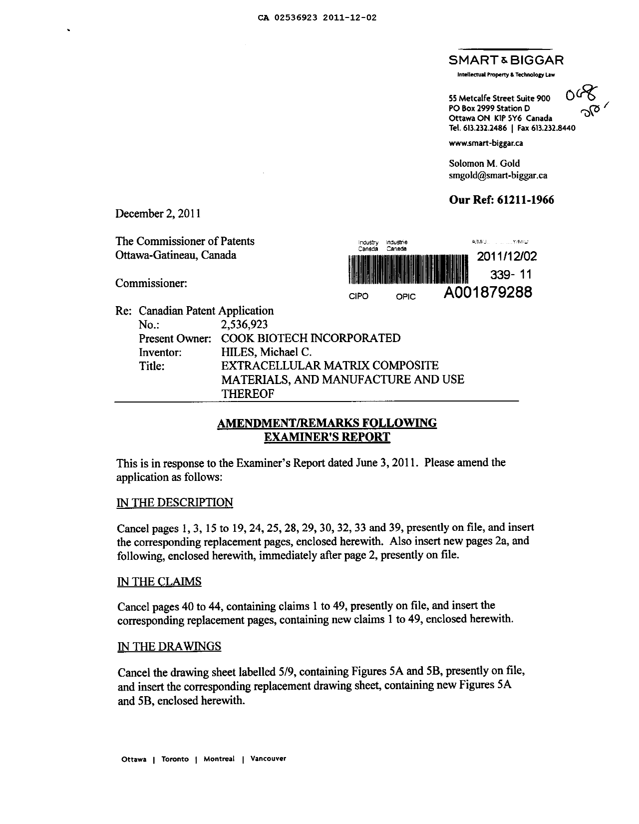 Document de brevet canadien 2536923. Correspondance de la poursuite 20111202. Image 1 de 27
