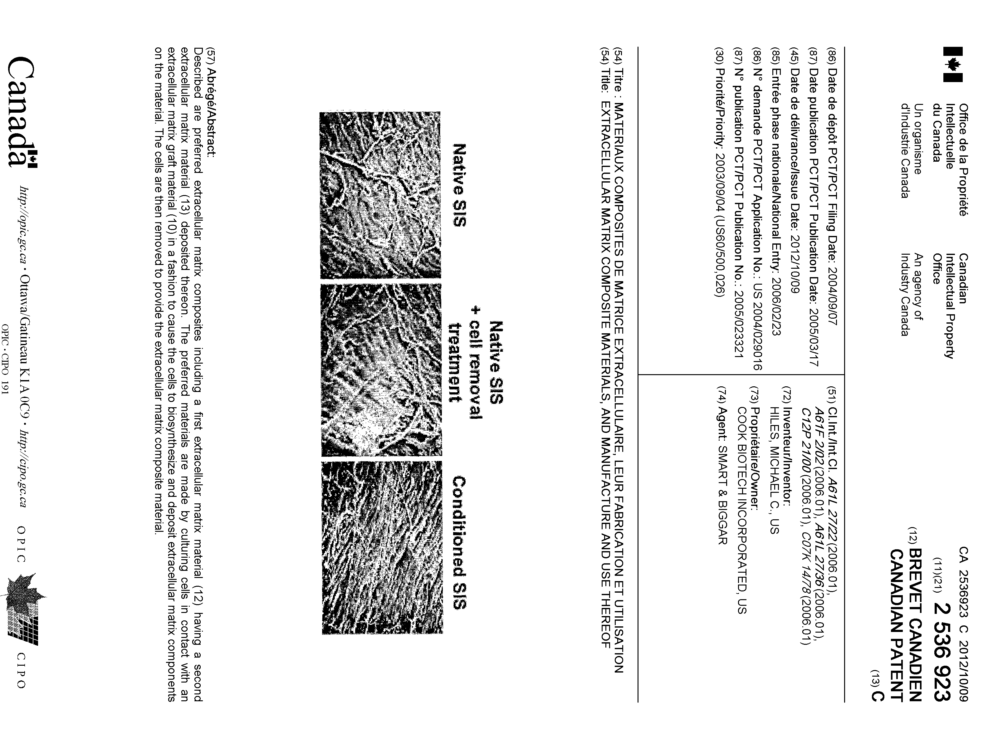 Canadian Patent Document 2536923. Cover Page 20111224. Image 1 of 1