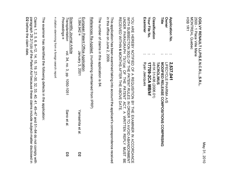 Document de brevet canadien 2537041. Poursuite-Amendment 20100531. Image 1 de 3