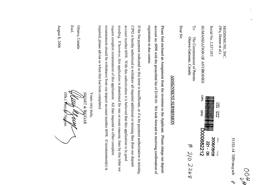 Document de brevet canadien 2537055. Cession 20051208. Image 1 de 2