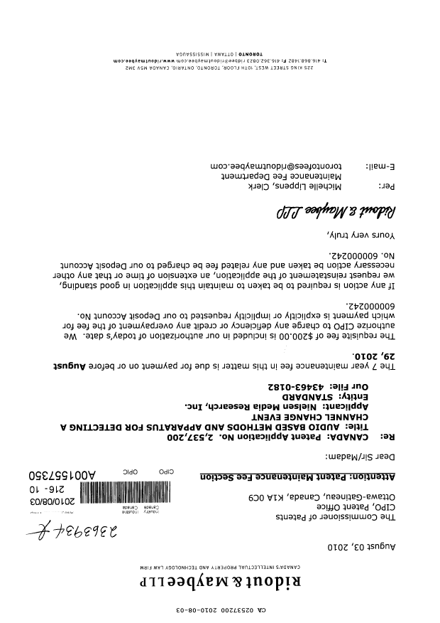 Canadian Patent Document 2537200. Fees 20100803. Image 1 of 1