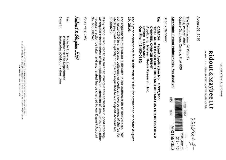 Document de brevet canadien 2537200. Taxes 20100803. Image 1 de 1