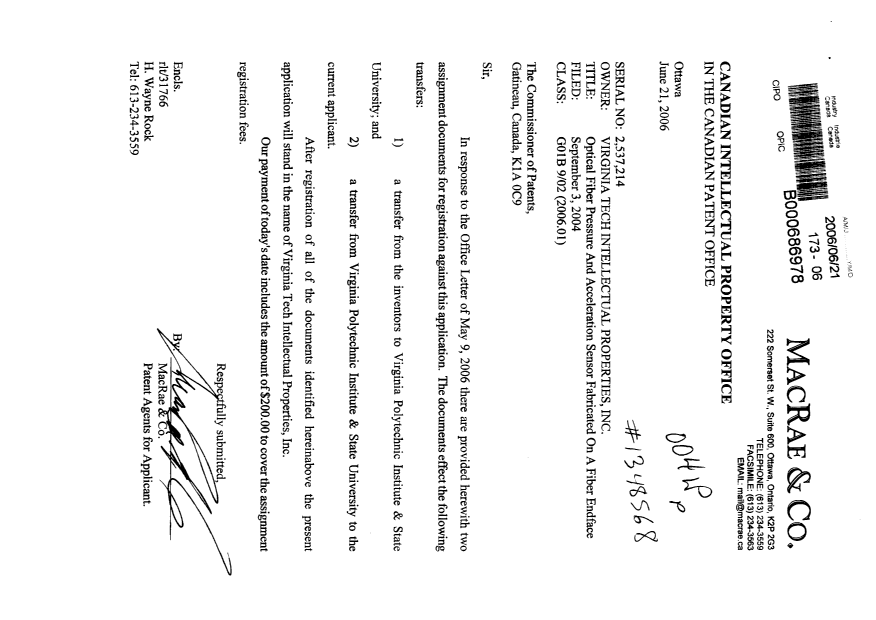 Document de brevet canadien 2537214. Cession 20051221. Image 1 de 11