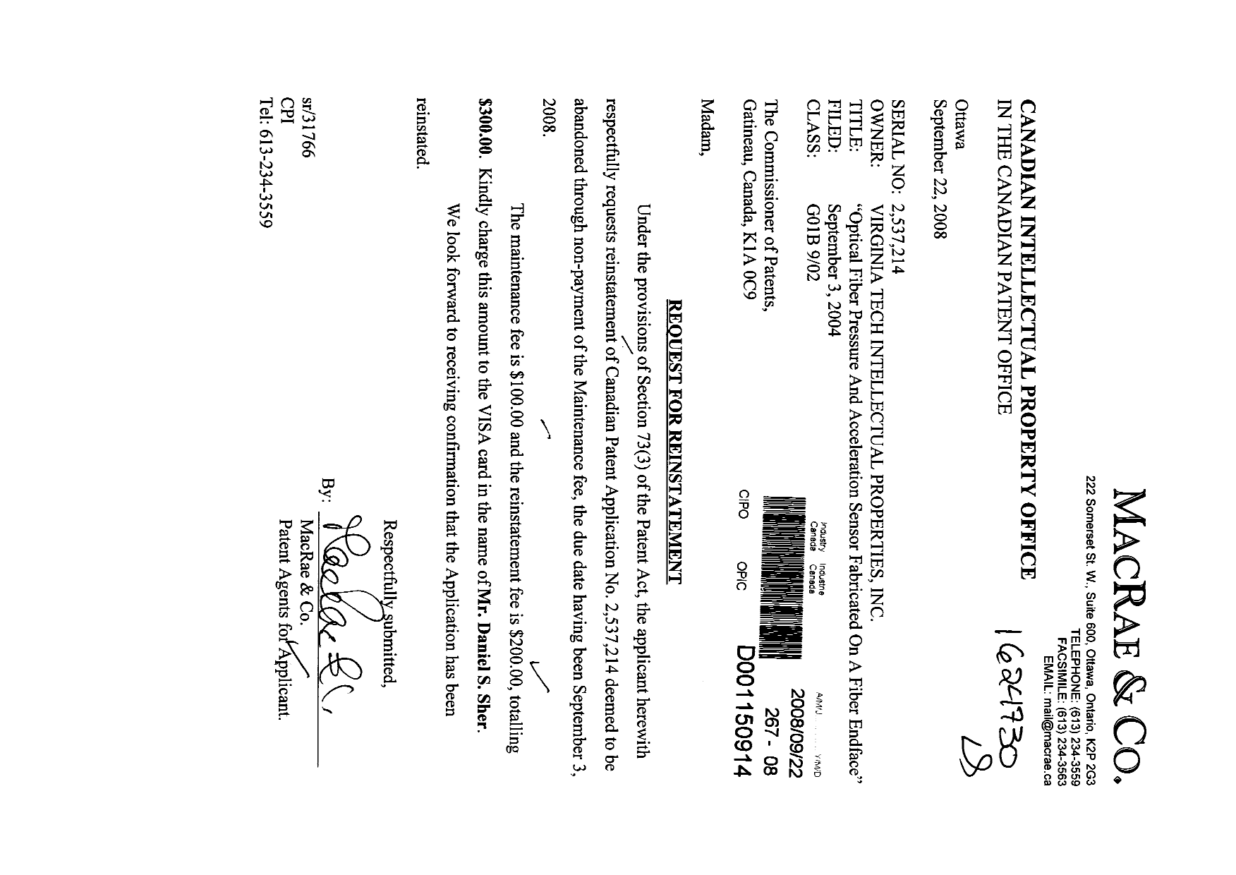 Canadian Patent Document 2537214. Fees 20080922. Image 1 of 1