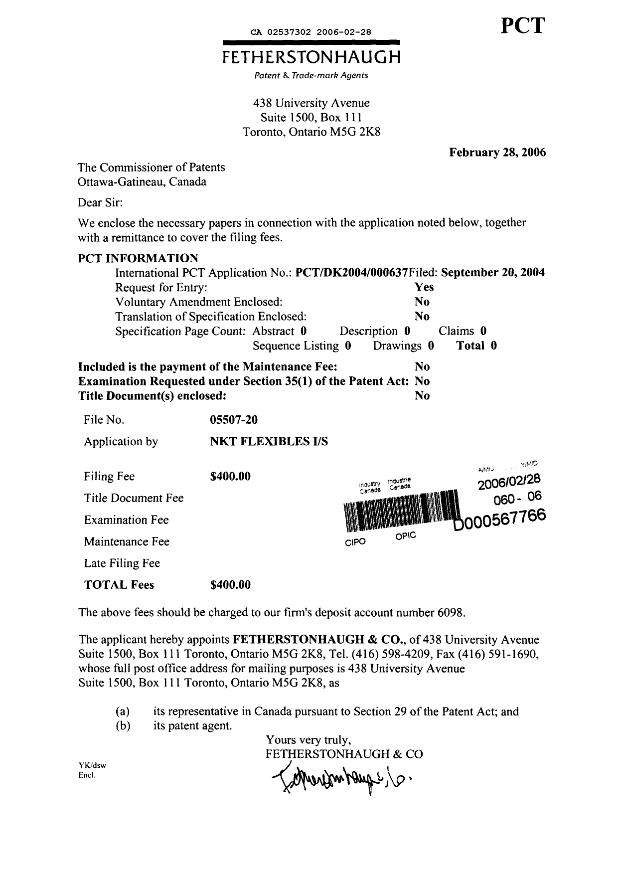 Document de brevet canadien 2537302. Cession 20060228. Image 1 de 2