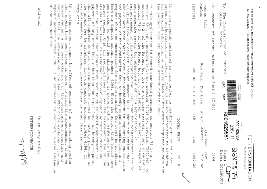 Document de brevet canadien 2537302. Taxes 20110823. Image 1 de 1
