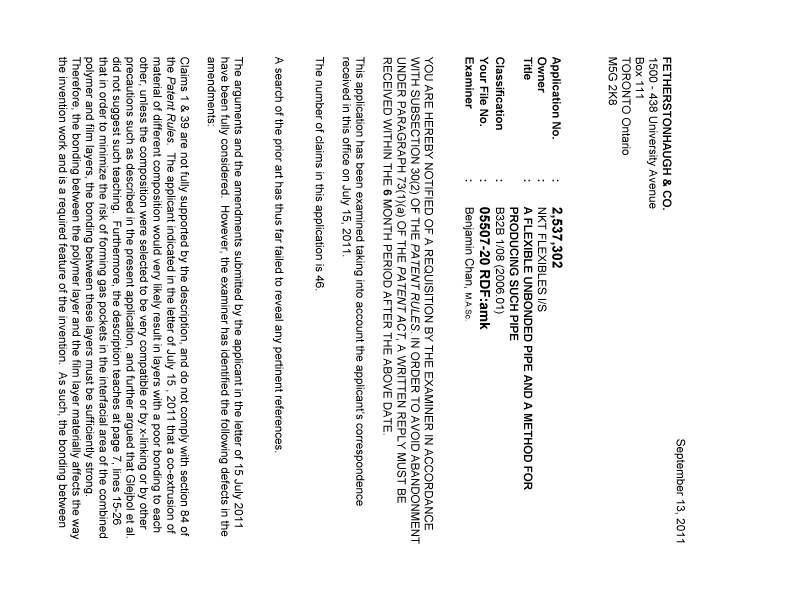 Document de brevet canadien 2537302. Poursuite-Amendment 20110913. Image 1 de 2