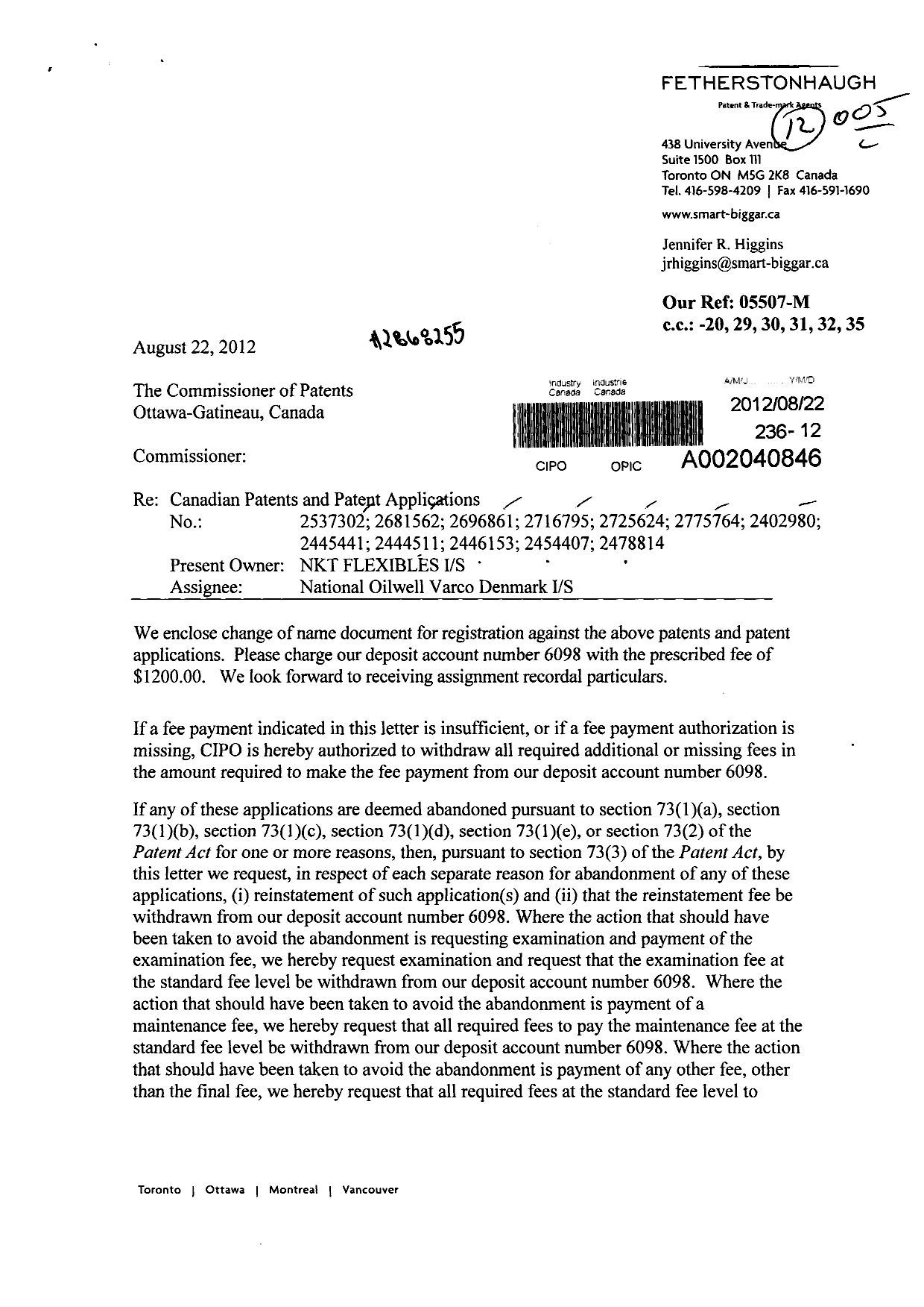 Document de brevet canadien 2537302. Cession 20120822. Image 1 de 3