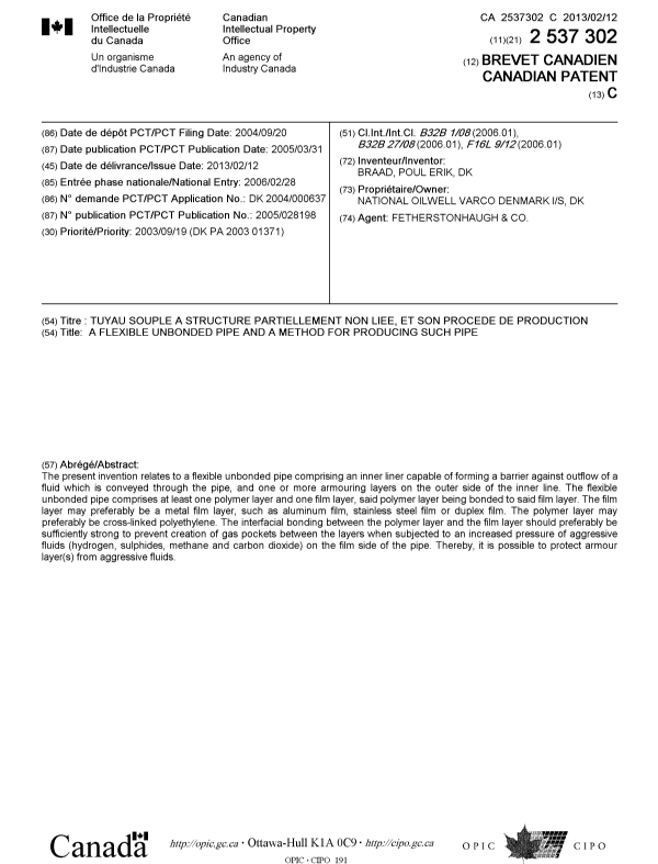 Document de brevet canadien 2537302. Page couverture 20130121. Image 1 de 1