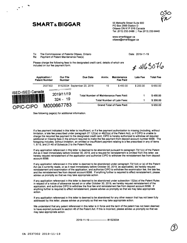 Canadian Patent Document 2537302. Maintenance Fee Payment 20191119. Image 1 of 3