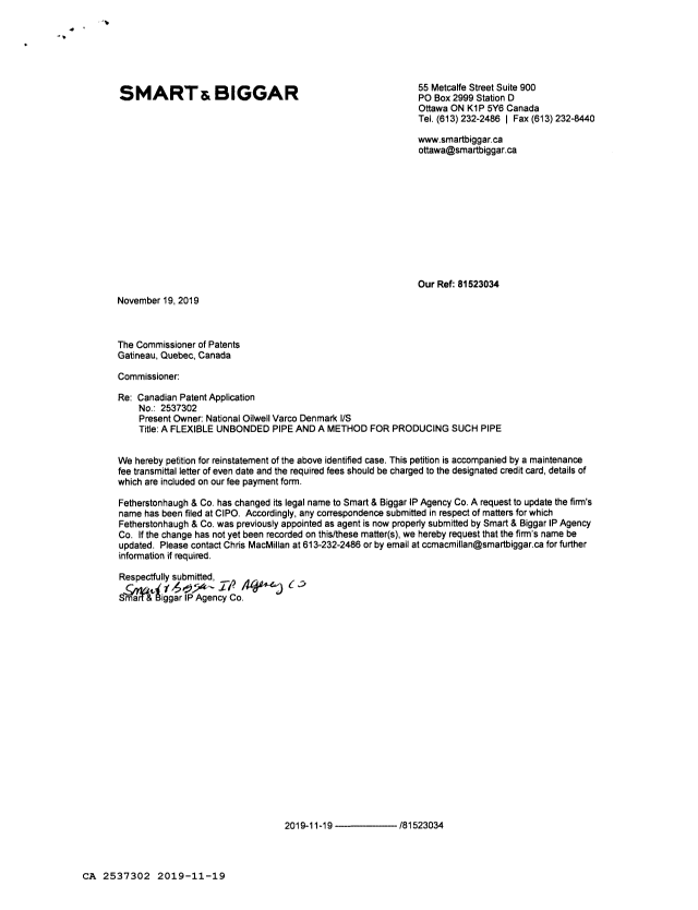 Document de brevet canadien 2537302. Paiement de taxe périodique 20191119. Image 3 de 3