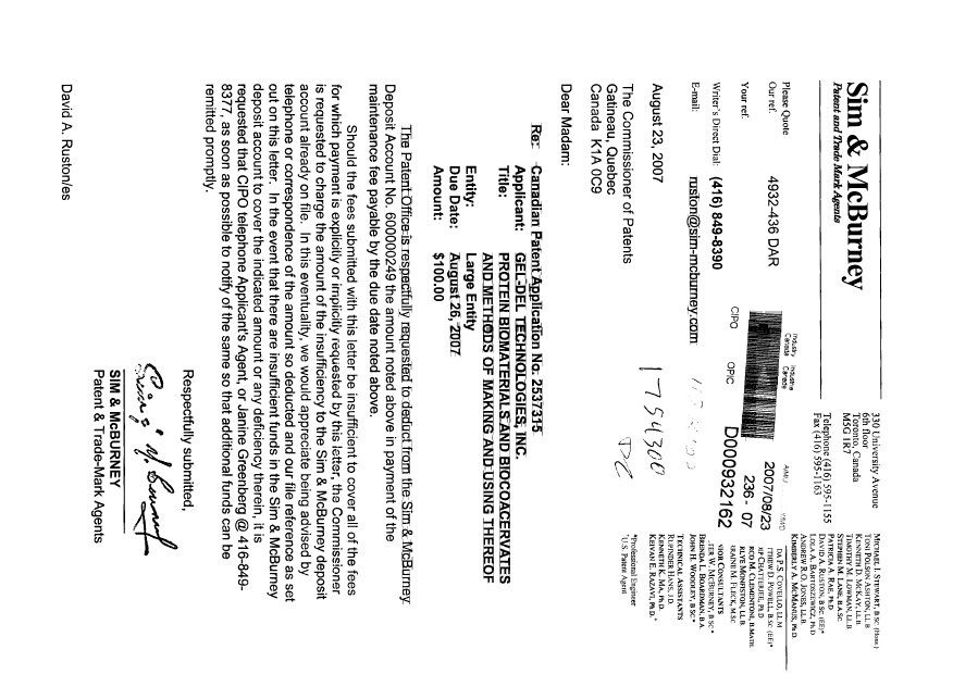 Document de brevet canadien 2537315. Taxes 20070823. Image 1 de 1