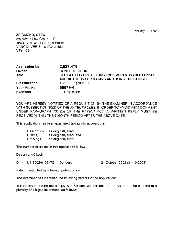 Canadian Patent Document 2537479. Prosecution-Amendment 20120109. Image 1 of 3
