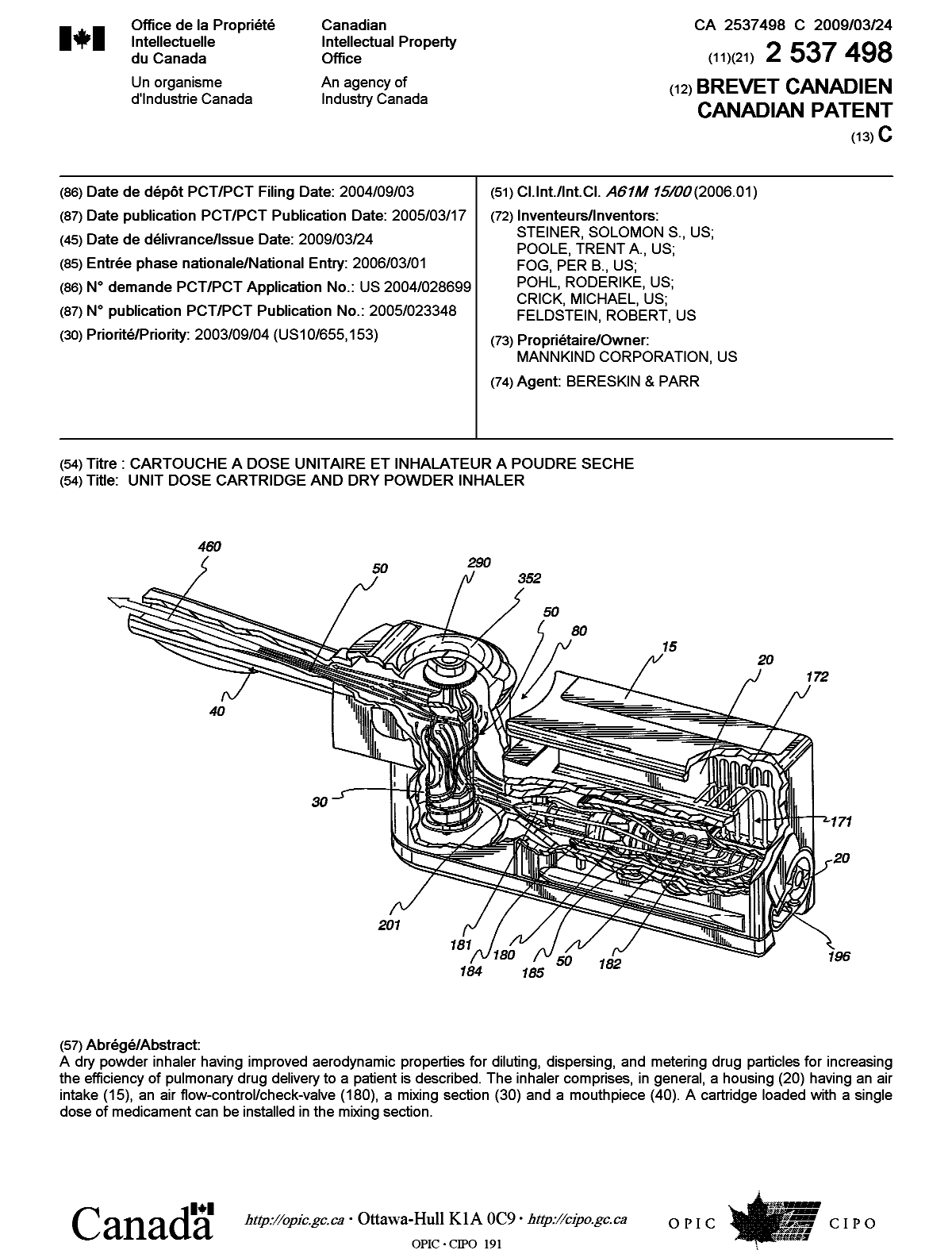 Document de brevet canadien 2537498. Page couverture 20090305. Image 1 de 1