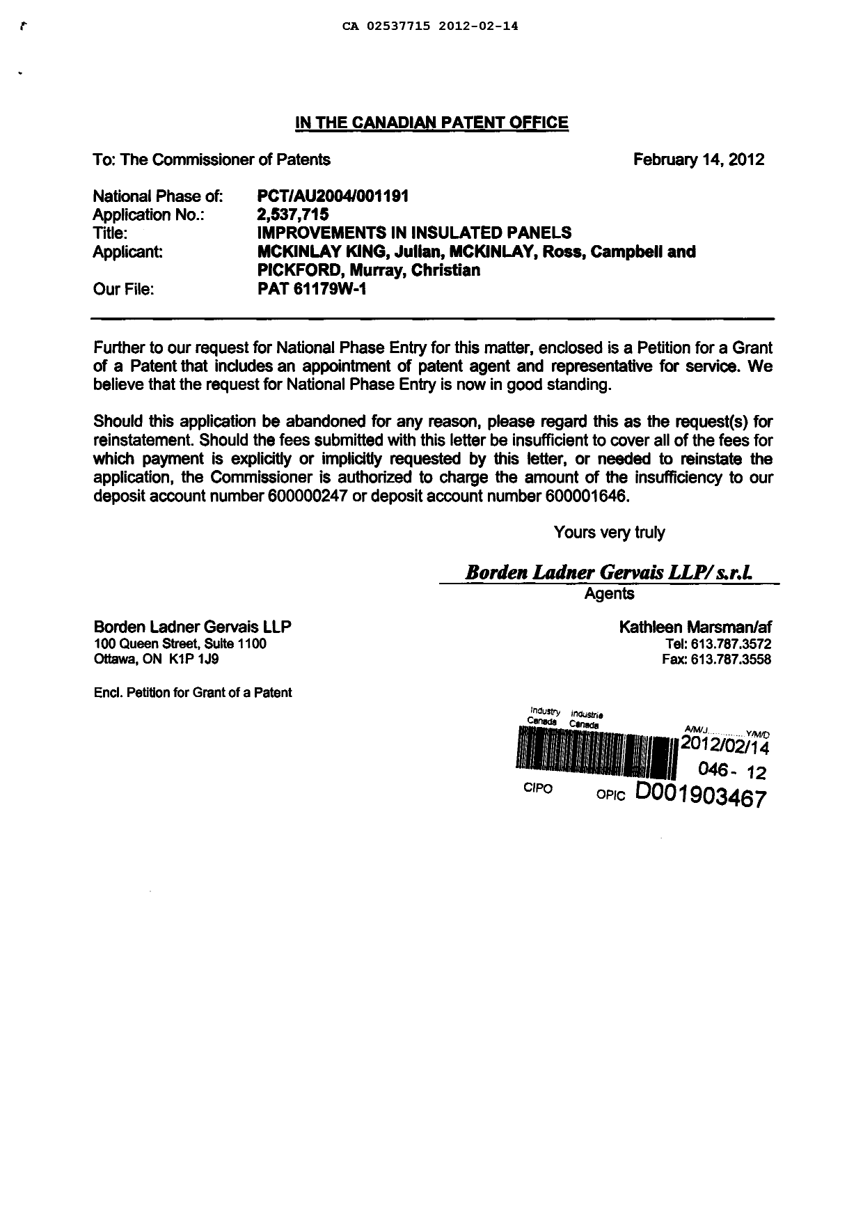 Canadian Patent Document 2537715. Correspondence 20120214. Image 1 of 3