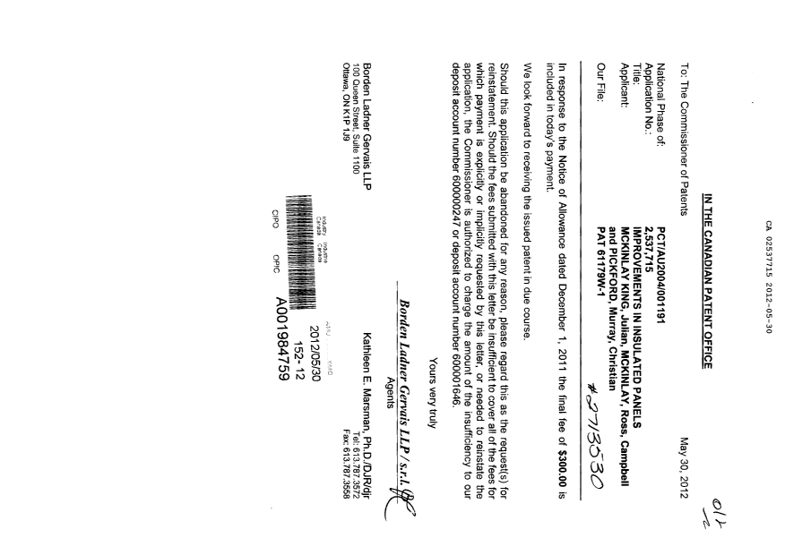 Document de brevet canadien 2537715. Correspondance 20120530. Image 1 de 1