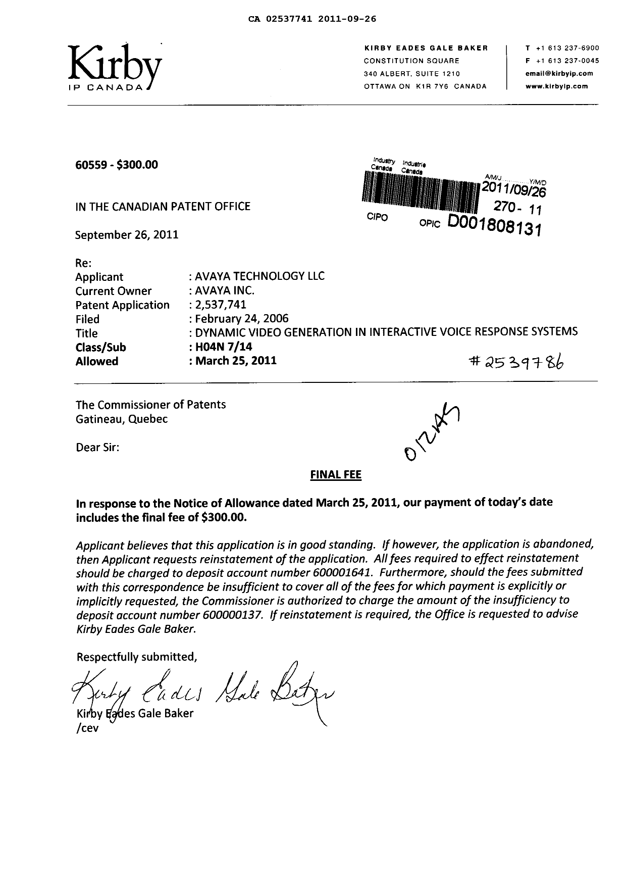 Document de brevet canadien 2537741. Correspondance 20110926. Image 1 de 1