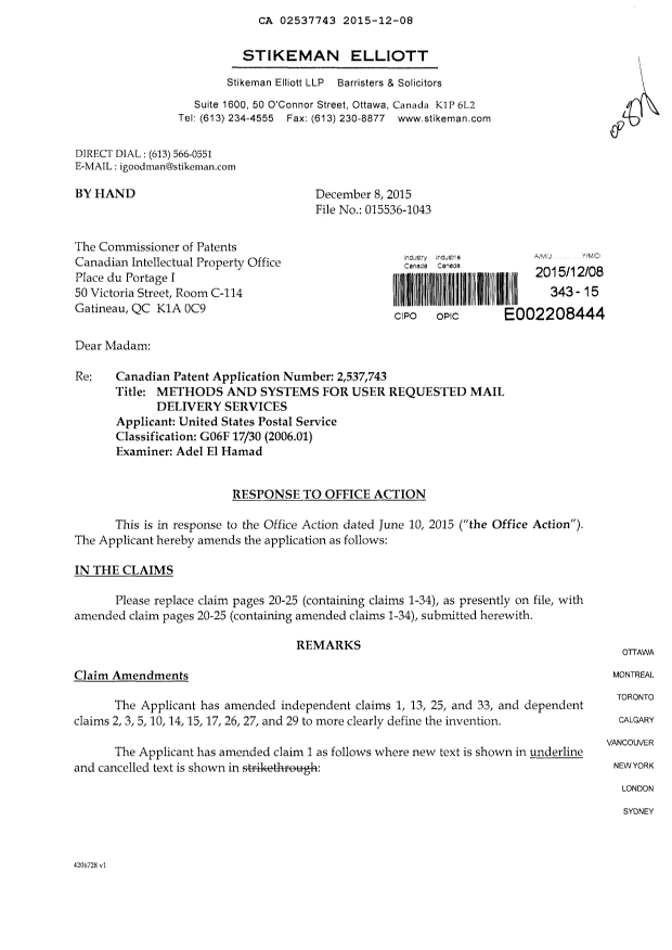 Document de brevet canadien 2537743. Modification 20151208. Image 1 de 10