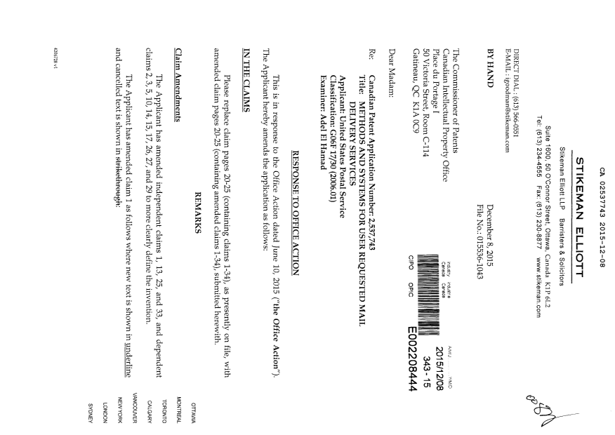 Canadian Patent Document 2537743. Amendment 20151208. Image 1 of 10