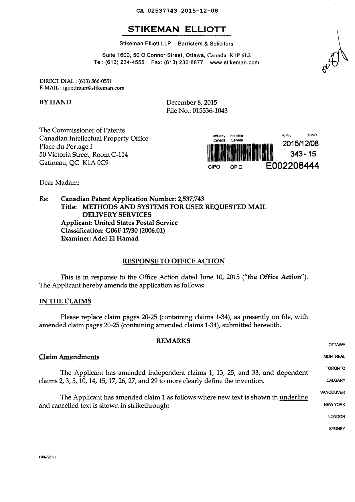 Canadian Patent Document 2537743. Amendment 20151208. Image 1 of 10