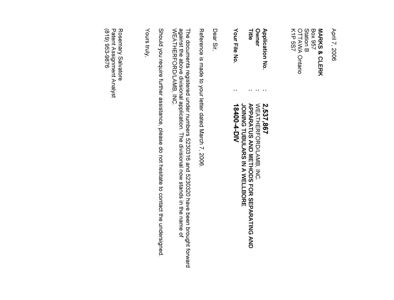 Document de brevet canadien 2537867. Correspondance 20060407. Image 1 de 1