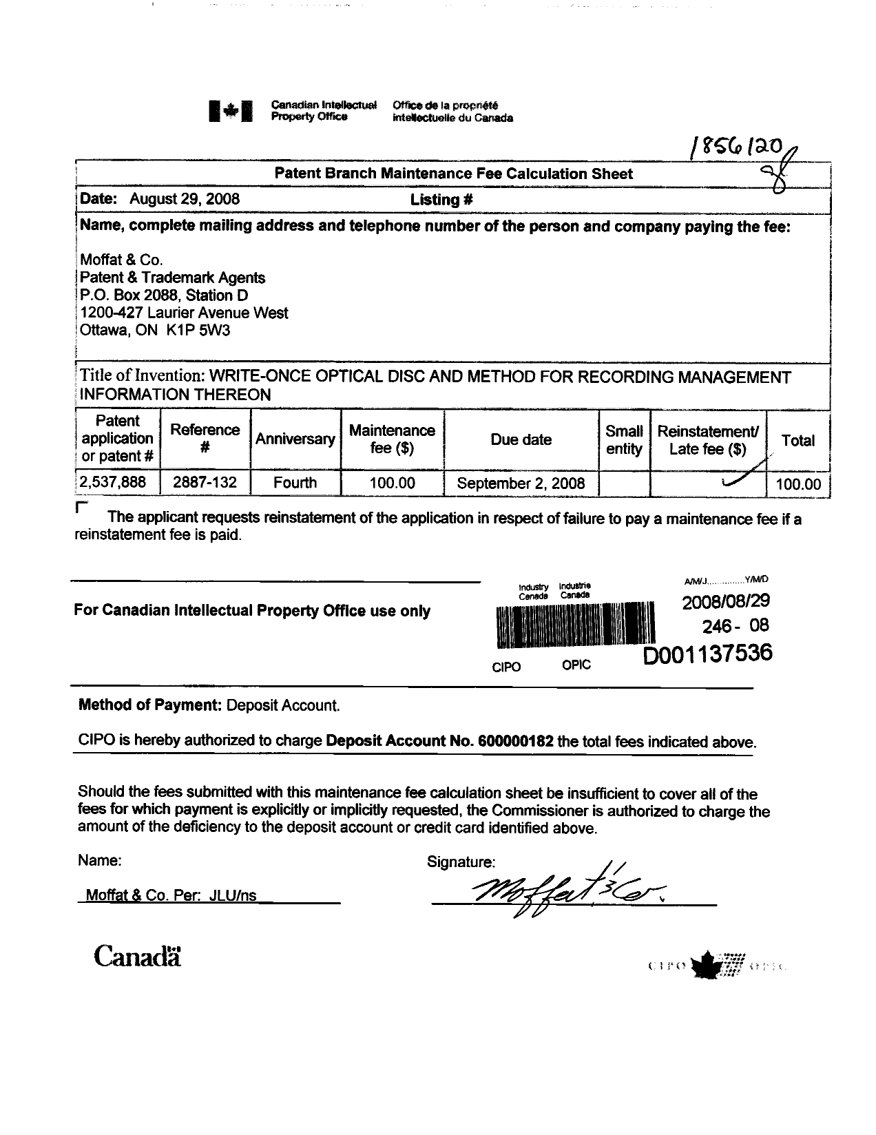 Document de brevet canadien 2537888. Taxes 20080829. Image 1 de 1