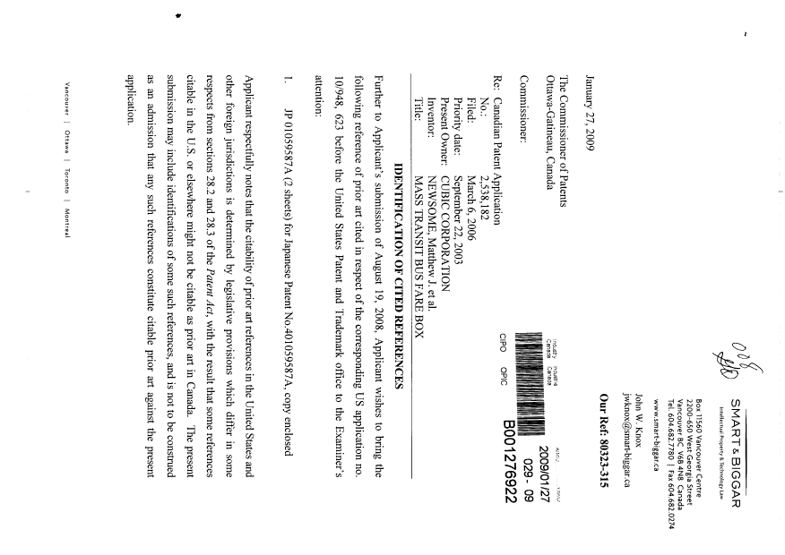Document de brevet canadien 2538182. Poursuite-Amendment 20090127. Image 1 de 2