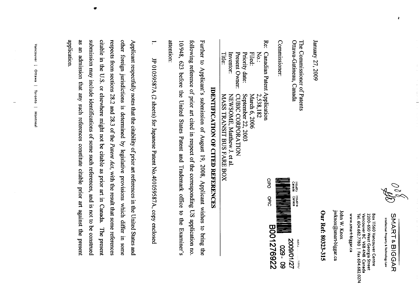 Canadian Patent Document 2538182. Prosecution-Amendment 20090127. Image 1 of 2