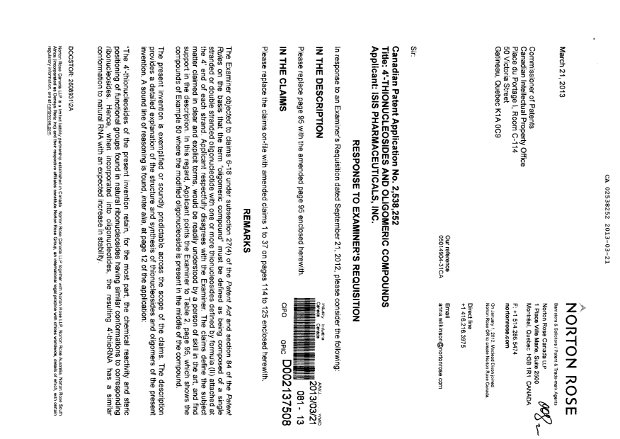 Document de brevet canadien 2538252. Poursuite-Amendment 20130321. Image 1 de 15