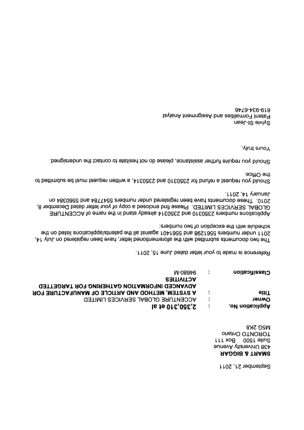 Canadian Patent Document 2538526. Correspondence 20110921. Image 1 of 9
