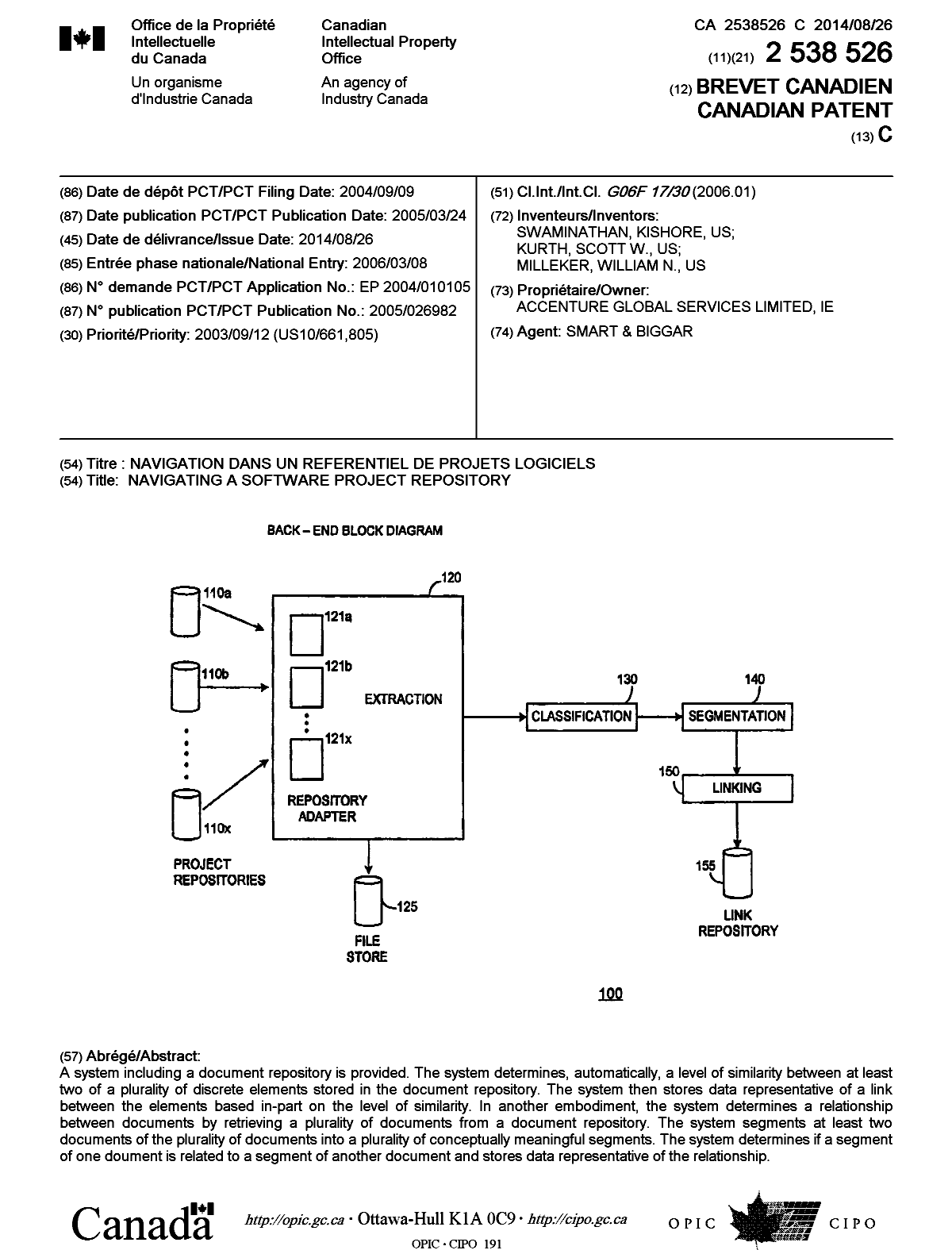 Document de brevet canadien 2538526. Page couverture 20140729. Image 1 de 1