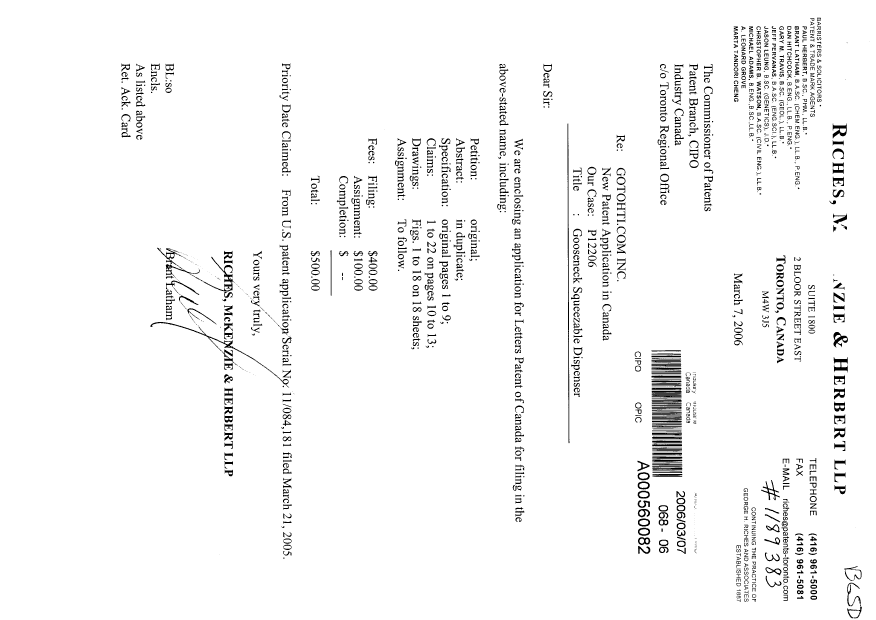 Document de brevet canadien 2538720. Cession 20060307. Image 1 de 2