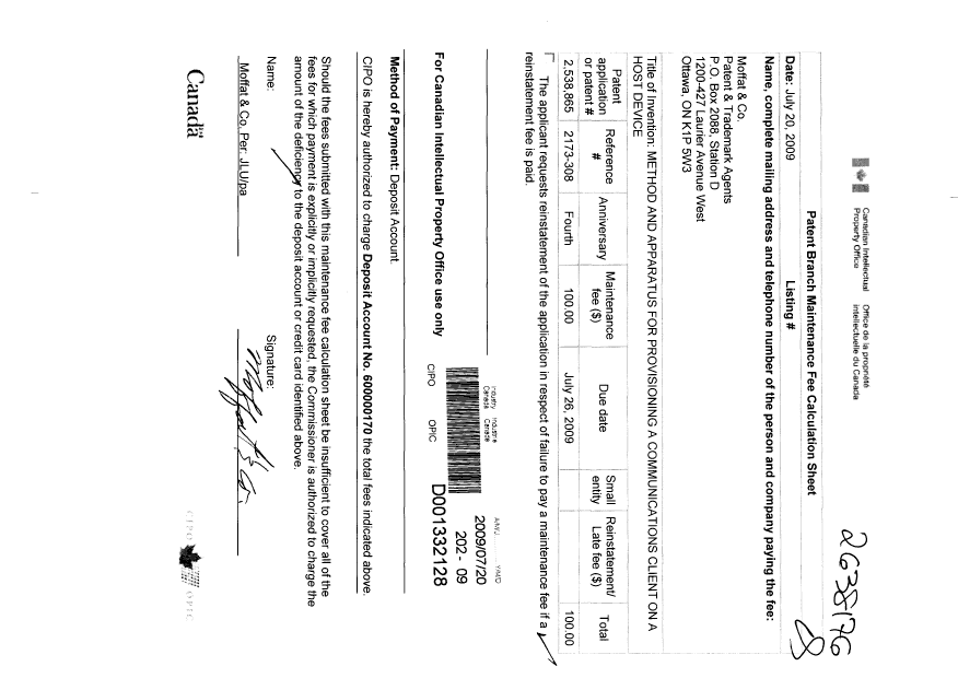 Document de brevet canadien 2538865. Taxes 20090720. Image 1 de 1