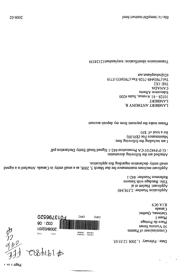 Canadian Patent Document 2538940. Fees 20080201. Image 1 of 2