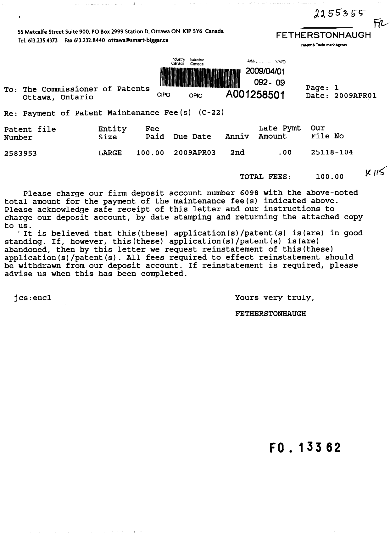 Document de brevet canadien 2538953. Taxes 20090401. Image 1 de 1