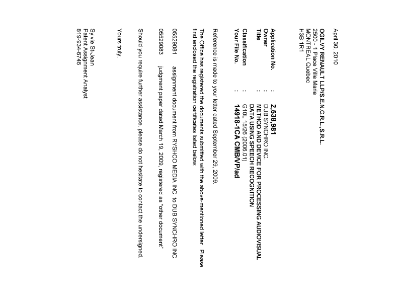 Document de brevet canadien 2538981. Correspondance 20100430. Image 1 de 1
