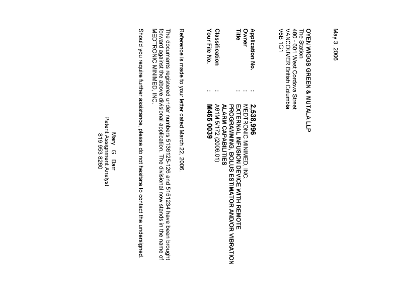 Document de brevet canadien 2538996. Correspondance 20060503. Image 1 de 1