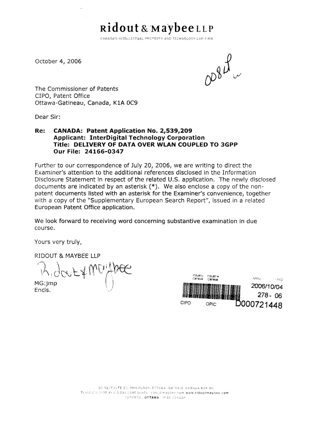 Canadian Patent Document 2539209. Prosecution-Amendment 20061004. Image 1 of 1