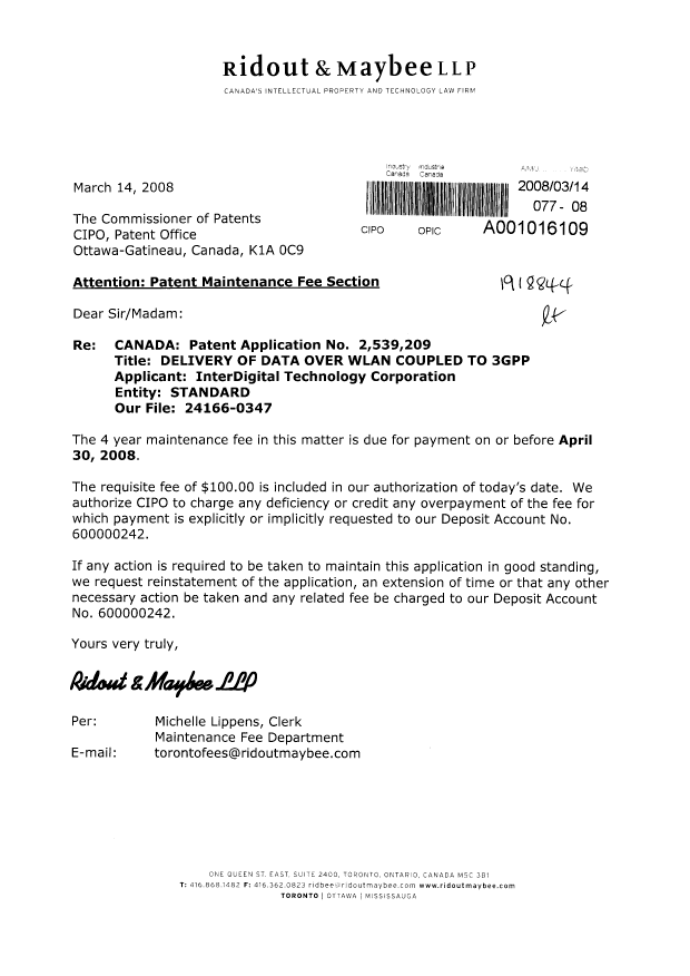 Canadian Patent Document 2539209. Fees 20080314. Image 1 of 1