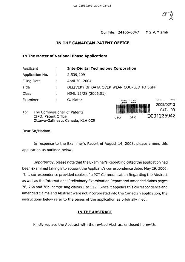 Canadian Patent Document 2539209. Prosecution-Amendment 20090213. Image 1 of 9
