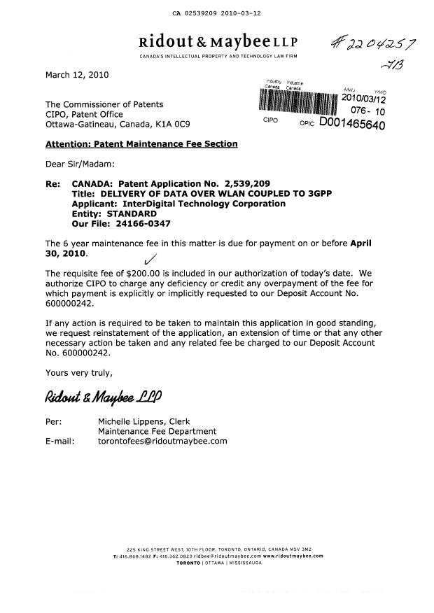 Canadian Patent Document 2539209. Fees 20100312. Image 1 of 1