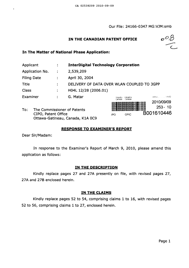 Canadian Patent Document 2539209. Prosecution-Amendment 20100909. Image 1 of 13