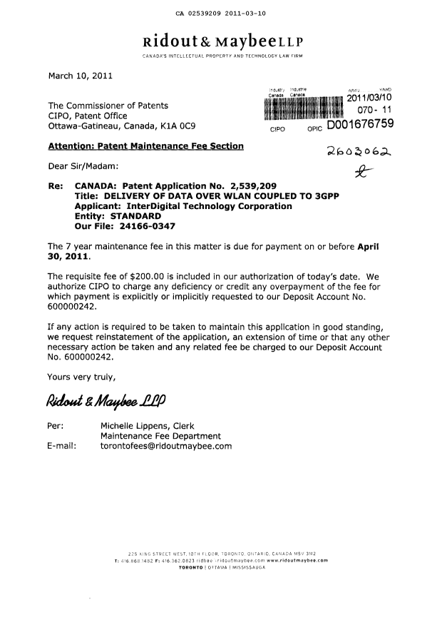 Canadian Patent Document 2539209. Fees 20110310. Image 1 of 1