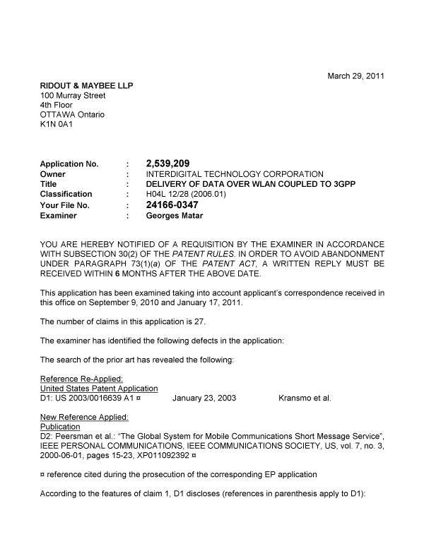 Canadian Patent Document 2539209. Prosecution-Amendment 20110329. Image 1 of 3