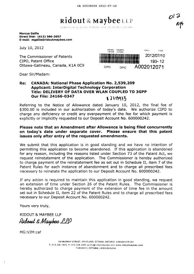 Canadian Patent Document 2539209. Correspondence 20120710. Image 1 of 1