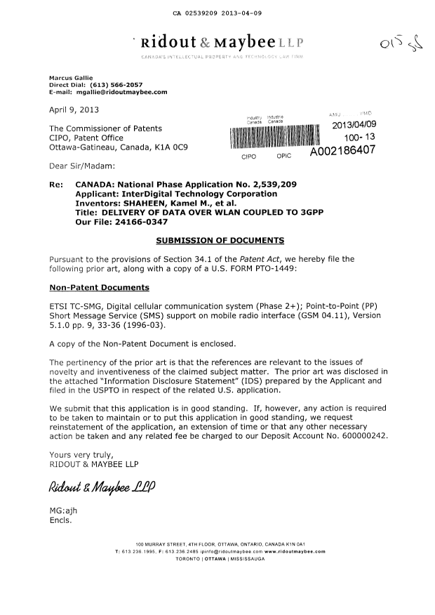 Canadian Patent Document 2539209. Prosecution-Amendment 20130409. Image 1 of 1