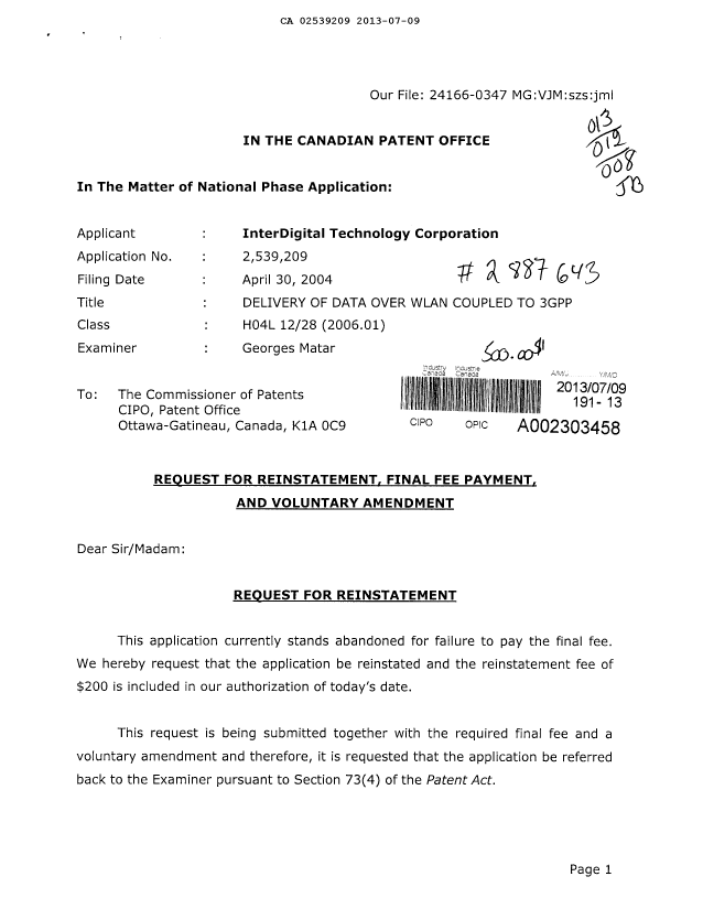 Canadian Patent Document 2539209. Correspondence 20130709. Image 1 of 4
